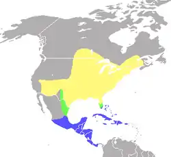 Distribución: Amarillo: estival Verde: migrante Azul: invernal