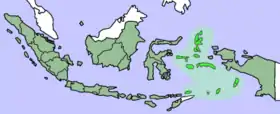 Las islas Molucas en verde suave (en verde oscuro, el resto de la República de Indonesia)