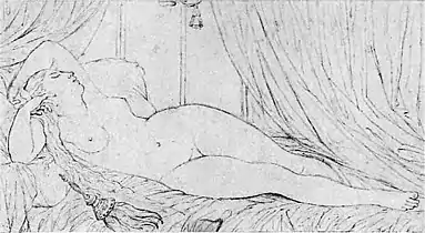 Ingres, Mujer desnuda recostada, sin datar; en los fondos de dibujos y miniaturas del Louvre (RF 1095).