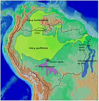 Los rangos de los Inia ssp., con el de I. araguaiaensis en azul a la derecha. (Rangos de I. geoffrensis y I. boliviensis son la verde y púrpura, respectivamente)