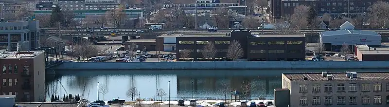 Panorama of city showing the Grand River and the I-296/US 131 freeway