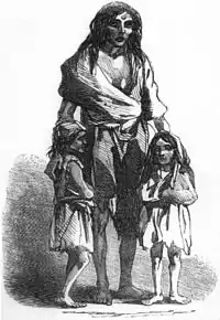 Una representación de Bridget O'Donnell y sus dos hijos de 1849 durante la hambruna.