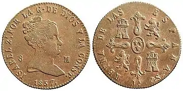 Moneda de 8 maravedíes de Isabel II, Jubia, 1837.