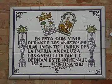 Placa en la calle Diego Pérez Pascual de Isla Cristina, donde vivió