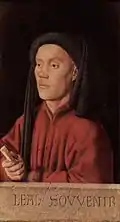 Leal souvenir por Jan van Eyck 1432. Un chaperón simple de lana, con bourrelet,y cornette cayendo hacia adelante.