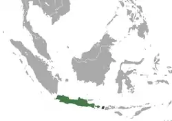 Distribución del lutung de Java(verde — nativo, gris obscuro — origen desconocido)