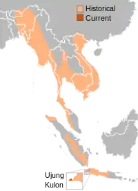 Rango de distribución del rinoceronte de javaMapa derivado del mapa de distribución de Foose y Van Strien (1997). No incluye la posible población de de Borneo descripta por Cranbook y Piper (2007).