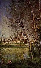 La colegiata, pintada por Corot, vista desde la isla de Limay, después de 1860, 52,1 x 32,6 cm, Reims, Museo de Bellas Artes.