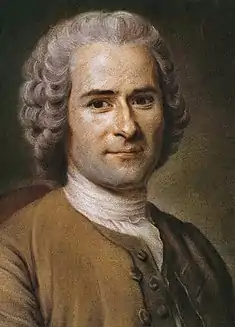 Jean-Jacques Rousseau (Quentin de la Tour, 1753) es el padre intelectual de las revoluciones de finales del siglo XVIII. Ve en la sociedad corrupta del Antiguo Régimen menos valores que en el buen salvaje (avanzado en su Discours sur les Sciences et les Arts -«Discurso sobre las ciencias y las artes»- y popularizado con la novela Emilio). Su doctrina de Contrato social, basado en ese concepto de bondad natural del hombre, llevará a la búsqueda de la soberanía nacional, y más adelante, de la democracia, pero también está en el origen intelectual del estado uniformador y totalitario de las dictaduras del siglo XX.