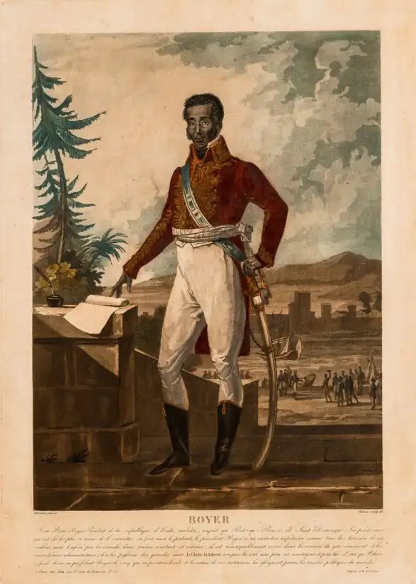 Grabado que muestra al Presidente Haitiano Jean Pierre Boyer con un Tintero, Pluma y Pergamino en su mano derecha, listo para firmar la ordenanza. A su izquiera, en el fondo, se puede ver a los marinos franceses en el muelle de Puerto Príncipe, serciorandose de que la ordenanza sea firmada.