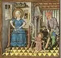 Escena hogareña de la Sagrada Familia en el Libro de Horas de Catalina de Cleves, ca. 1440. -Plummer, fuente citada en Hours of Catherine of Cleves-