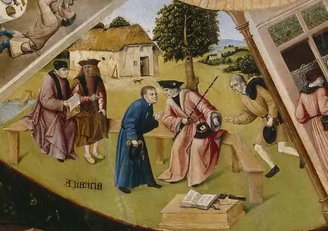 Detalle de Avaricia, Mesa de los pecados capitales por El Bosco. Es una escena de un juicio en el que el juez, lejos de impartir justicia, acepta un soborno de una de las partes o incluso de las dos partes en litigio.