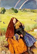 La chica ciega, obra de arte pintada por Millais, en la que se muestra una chica pelirroja ciega vestida con prendas de tonalidades rojas, sentada en el campo, con un acordeón en sus muslos y acompañada por una chica rubia vestida con prendas de tonalidades azules.