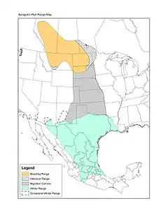 Distribución: Rayado oblicuo: zonas ocupadas en el pasado Anaranjado: zona de anidación Gris: migrante Azul claro: invernal Línea discontinua: invernal ocasional