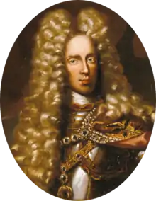 Oval painting of a man wearing an enormous curly blonde wig that reaches to his chest. Under his pretty golden tresses he wears a steel cuirass.