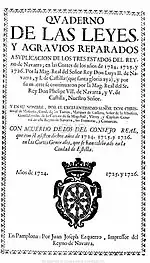 Cuaderno de las leyes de las Cortes de Navarra celebradas entre 1724 y 1726