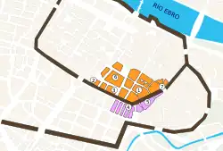 Plano de Zaragoza; la judería vieja en naranja, la judería nueva en morado.