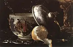 Sopera china modelo "Nautilus" en un óleo de Willem Kalf, hacia 1662. Museo Thyssen-Bornemisza.