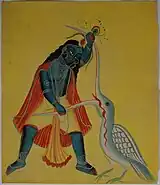 Krishna matando a Bakasura, dibujo del Harivamsa de Mahabharata.