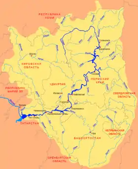 Mapa en ruso del río Kama que fluye en dirección oeste por Tartaristán, hasta confluir con el Volga