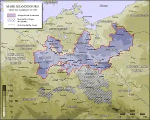 La Marca de Brandenburgo durante la Casa de Ascania (1320) con la  Altmark  al oeste de la  Mittelmark y la Neumark.