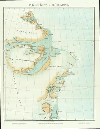 Mapa de 1911 del NE Groenlandia mostrando el Fiordo de Dinamarca