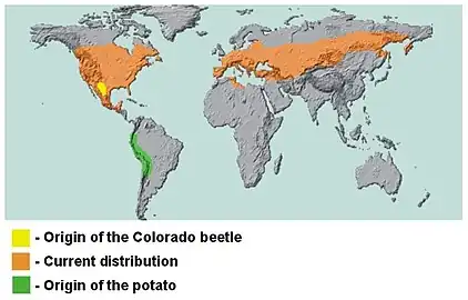 Área de distribución nativa de la patata y área de distribución nativa y actual del escarabajo de Colorado