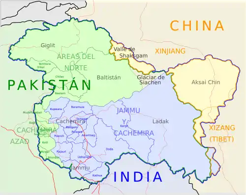 Mapa de Cachemira con el glaciar de Siachen disputado.