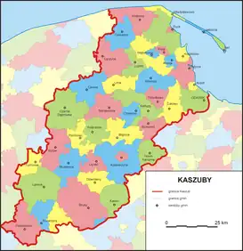 Mapa de Casubia y su ubicación en Polonia (con los topónimos en polaco).