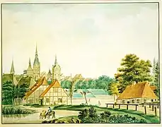 Vista de Rostock desde Gertrudenplatz (1819), Kloster zum Heiligen Kreuz, Rostock