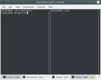 Una ventana de Konsole con división de ventana, como se menciona en en dot.kde.org (2007)