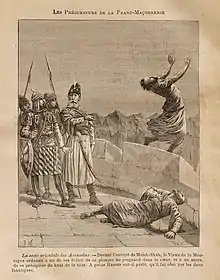 Escena de leyenda en la fortaleza de Alamut, donde Hassan-i Sabbah pide a sus fieles de suicidarse, dibujo de Pierre Méjanel