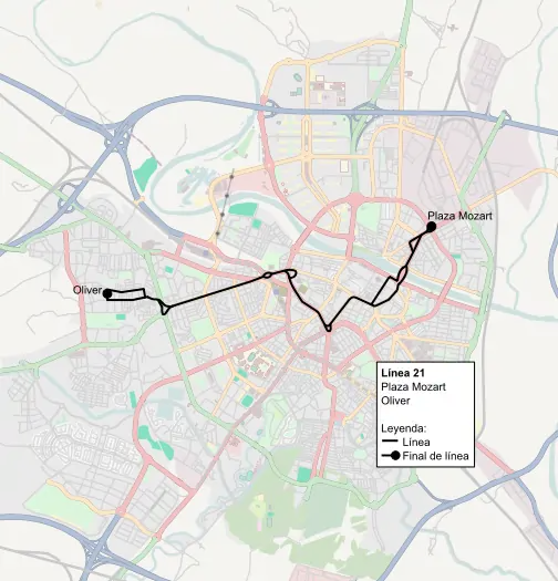 Recorrido de la línea 21 en la ciudad de Zaragoza.