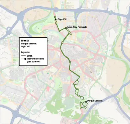 Recorrido de la línea 23 de Urbanos de Zaragoza en la ciudad de Zaragoza.