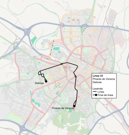 Recorrido de la línea 33 de TUZSA en la ciudad de Zaragoza.