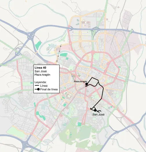 Recorrido de la línea 40 de TUZSA en la ciudad de Zaragoza.