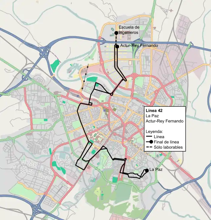 Recorrido de la línea 42 de TUZSA en la ciudad de Zaragoza.