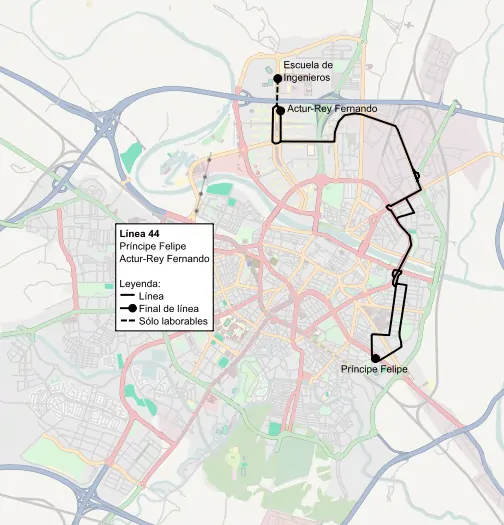 Recorrido de la línea 44 de TUZSA en la ciudad de Zaragoza.