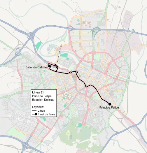 Recorrido de la línea 51 de TUZSA en la ciudad de Zaragoza.