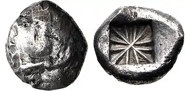 Moneda de Licia. Ca. 520-470 a. C. Acuñación con cuño del anverso gastado.