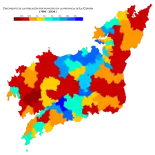 Crecimiento de población por municipio entre 1998 y 2008.