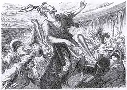 Desfile grotesco de la celebre société festive et carnavalesque de los Flambards en el baile de la Ópera dado en la Mi-Carême de 1868, vista por Daumier