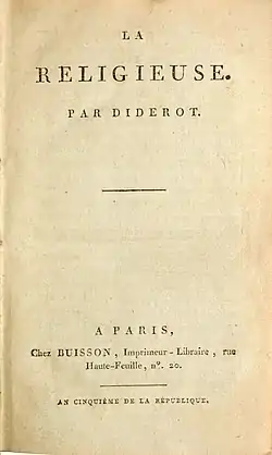 Portada de la novela "La religiosa" de Denis Diderot, edición de 1796