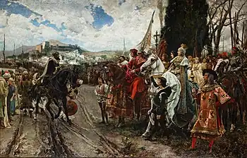 La rendición de Granada (pintura de Francisco Pradilla). El rey Boabdil entrega las llaves de la ciudad a los Reyes Católicos, 1492.