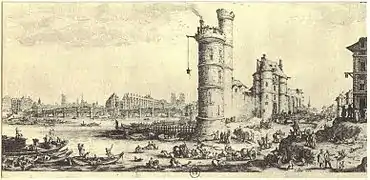 La torre de Nesle y el puente Nuevo, por Jacques Callot, hacia 1610-1635.