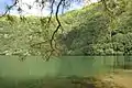 La laguna azul vista desde el borde del agua, las floraciones de fitoplancton han causado que el agua normalmente azul parezca verde.