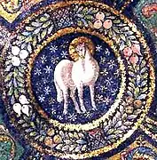 Agnus Dei ("cordero de Dios" o cordero místico), mosaico bizantino de la iglesia de San Vital de Rávena (547).