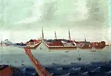 Puerto de Copenhague, con la Cervecería de Cristián IV en el centro y el Langebro en 1748 (con Eegberg.