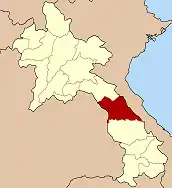 Mapa de Laos donde se señala en color rojo la Provincia de Khammouan, donde en el año 2001 se descubrió el primer ejemplar de Heteropoda maxima.