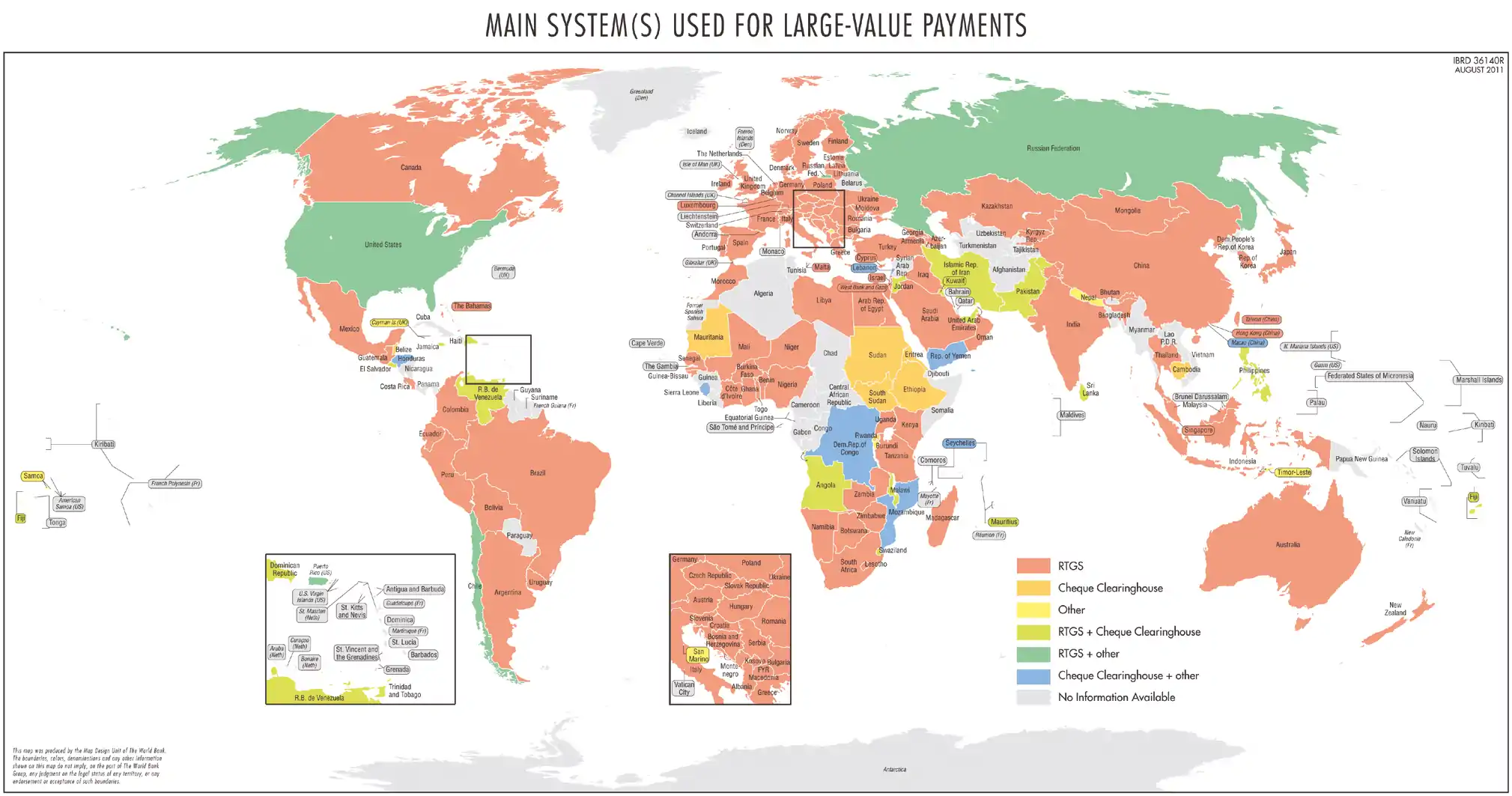 Mapa mundial con los principales sistemas utilizados para pagos de gran valor